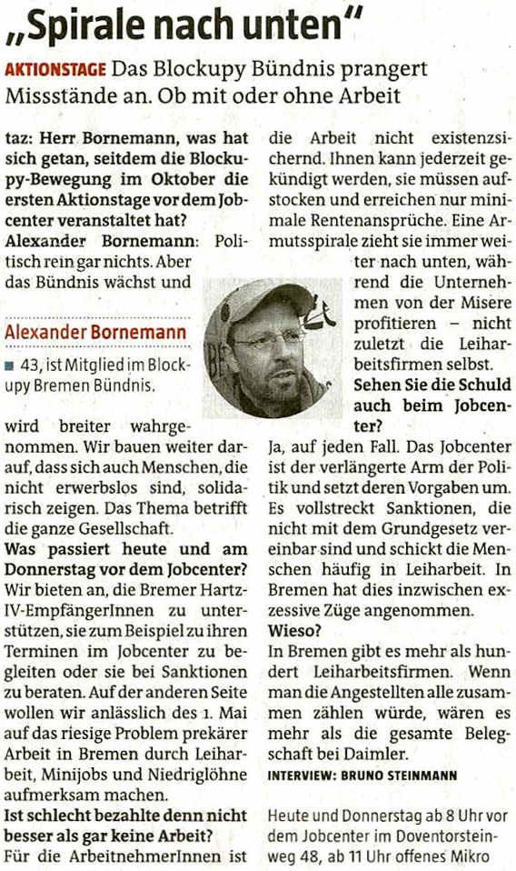 Interview in der 'Tageszeitung Bremen' vom 30. April 2013