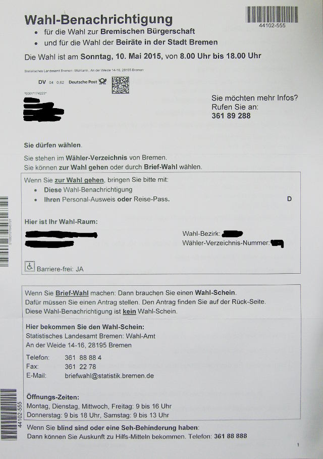 Benachrichtigung zur 'Wahl von der Bremischen 
B&uuml;rgerschaft' in 'leichter Sprache' (2015, Seite 1)