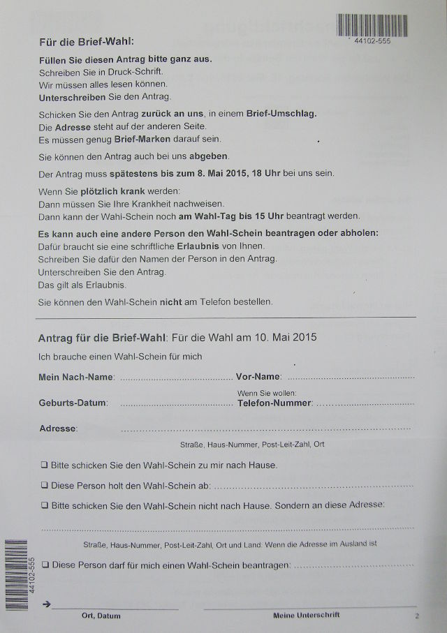 Benachrichtigung zur 'Wahl von der Bremischen 
B&uuml;rgerschaft' in 'leichter Sprache' (2015, Seite 2)