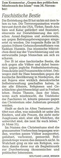 Leserbrief im 'Weser-Kurier' vom 7. Dezember 2015